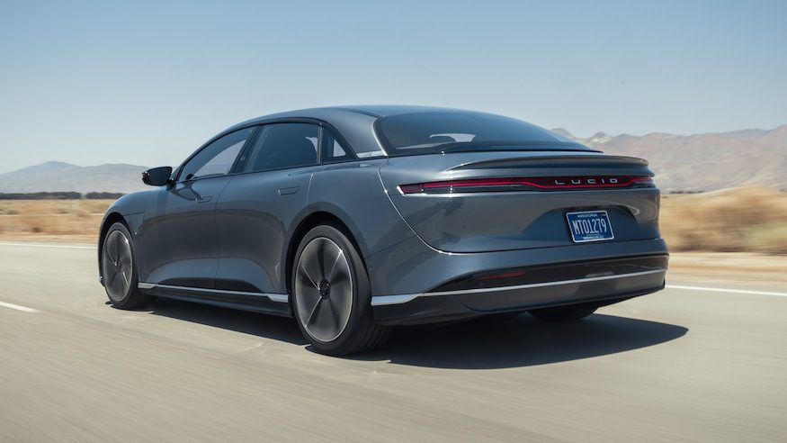 003 2023 Lucid Air Pure rear three quarters in motion